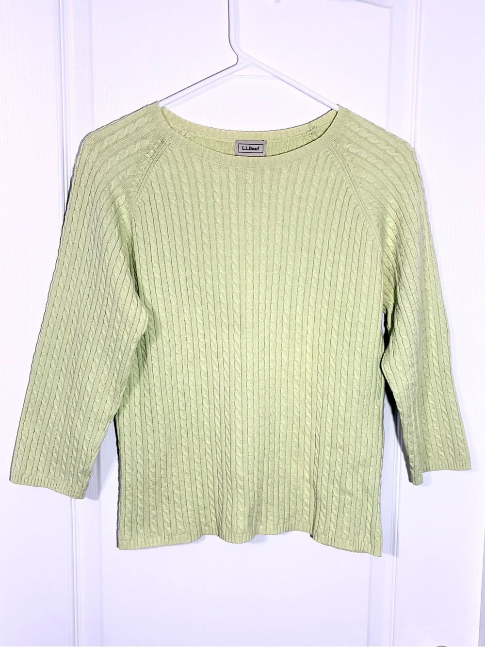 VTG 90s L.L.Bean Cable Knit 3/4 Sleeve Cotton Blend Sweater Light Green Medium